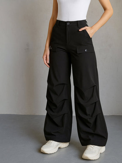 Women's Black Parachute Pintuck Cargos