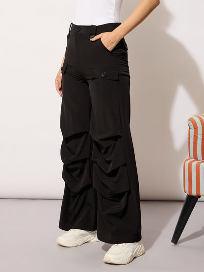 Women's Black Parachute Pintuck Cargos