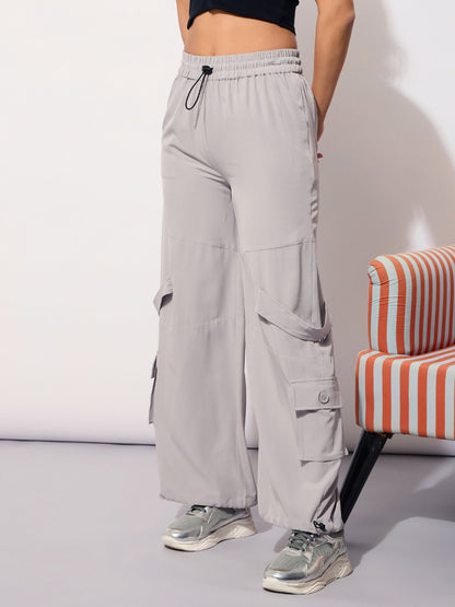 Women's Grey Parachute Hem Pockets Cargos