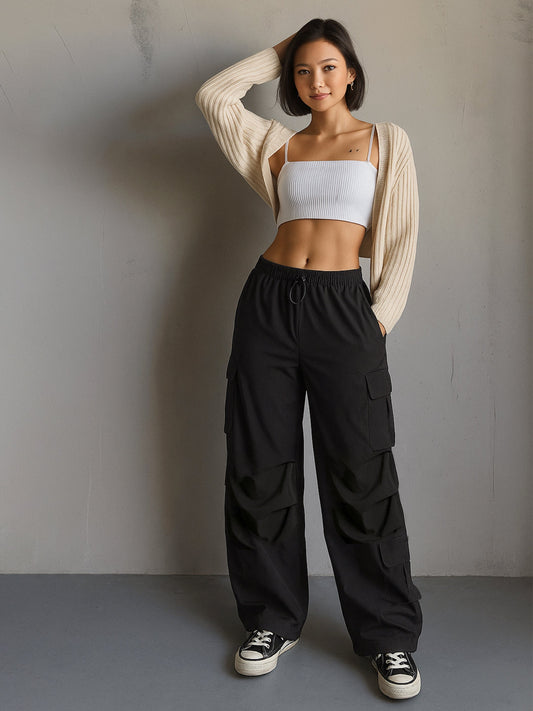 Women's Black Parachute Multi Pockets Cargos