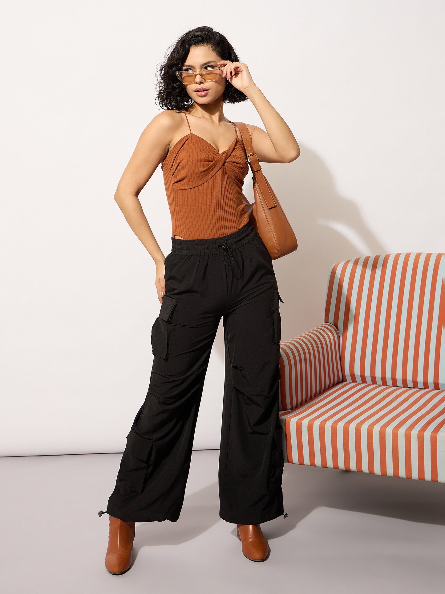 Women's Black Parachute Multi Pockets Cargos