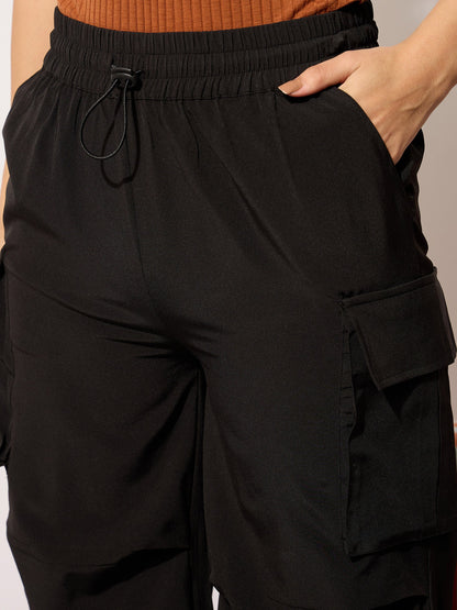Women's Black Parachute Multi Pockets Cargos