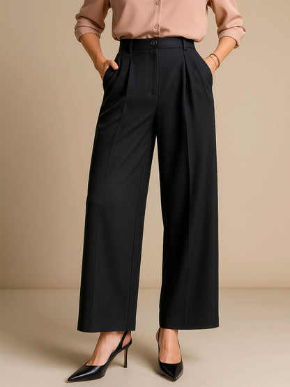 Women's Black High-Rise Front Pleated Korean Pants