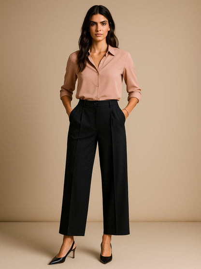 Women's Black High-Rise Front Pleated Korean Pants