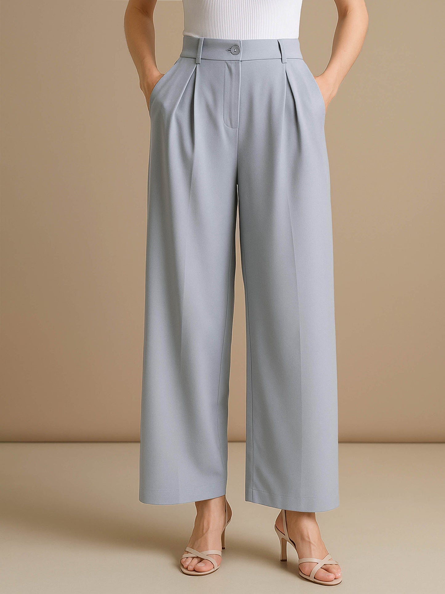 Women's Grey High-Rise Front Pleated Korean Pants