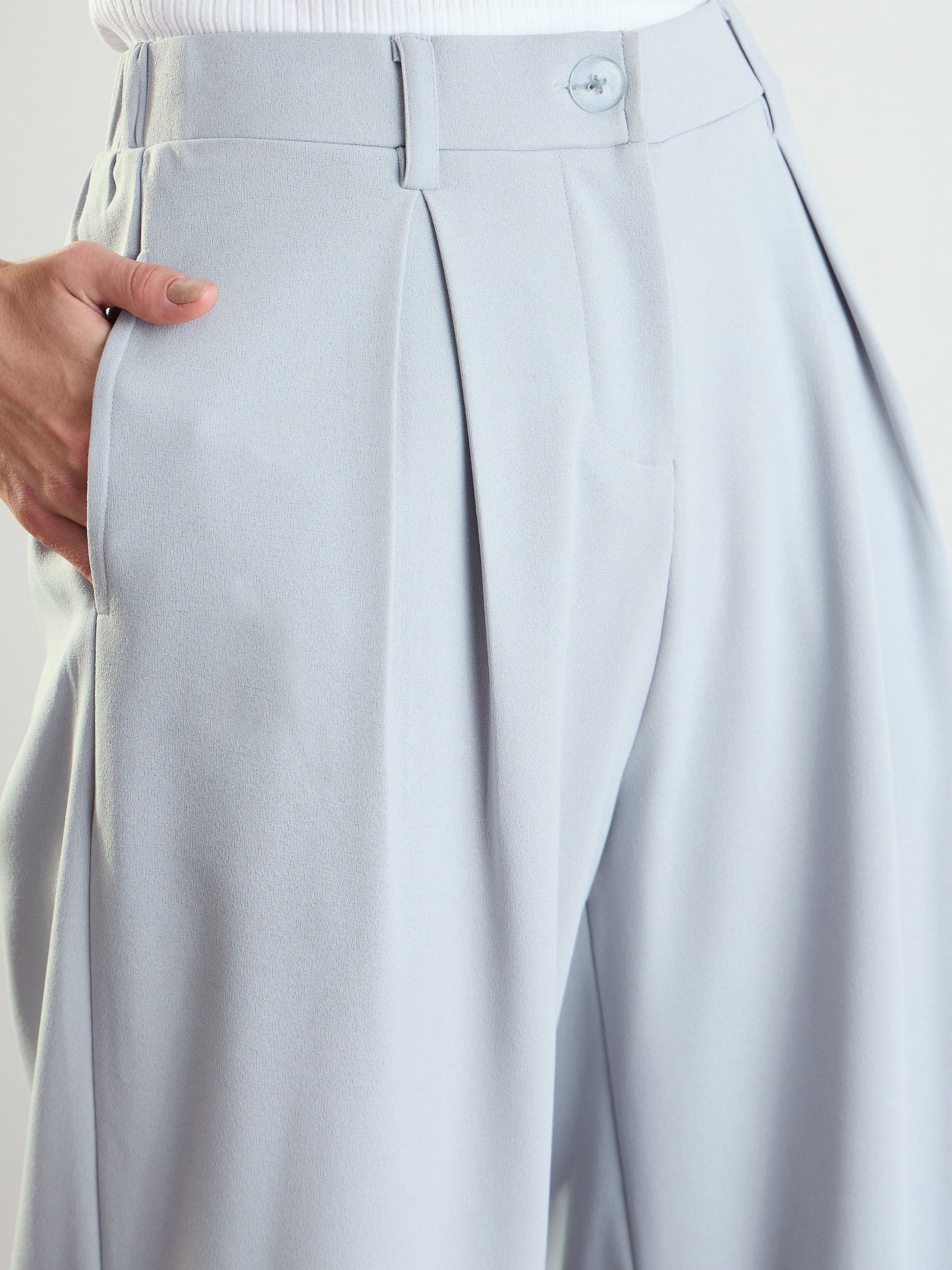 Women's Grey High-Rise Front Pleated Korean Pants