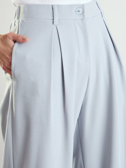 Women's Grey High-Rise Front Pleated Korean Pants