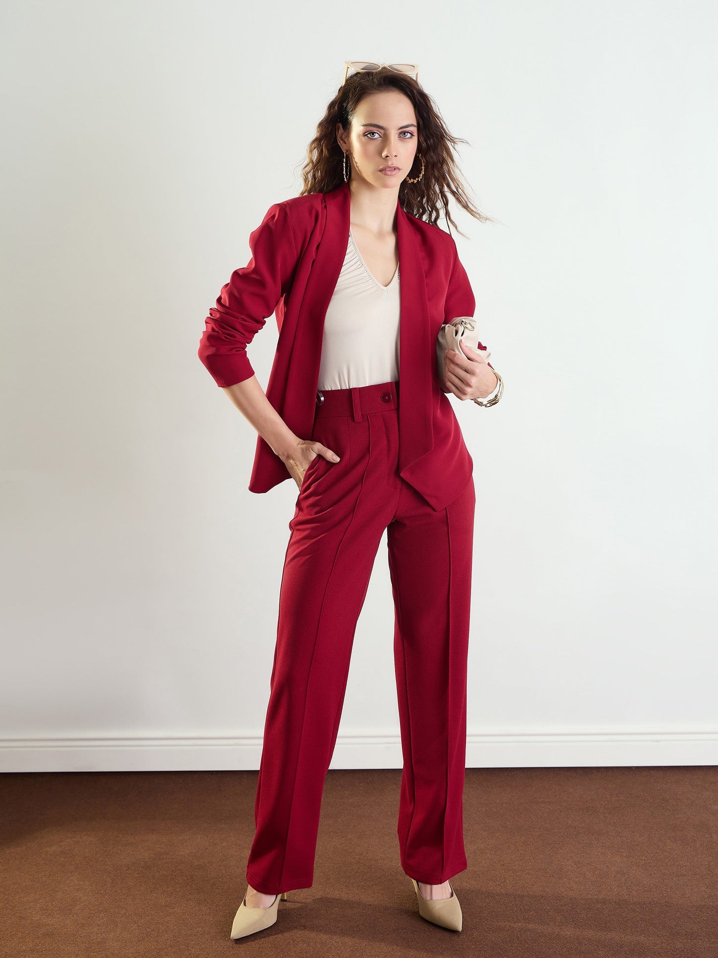 Women's Maroon Front Dart Straight Fit Pants
