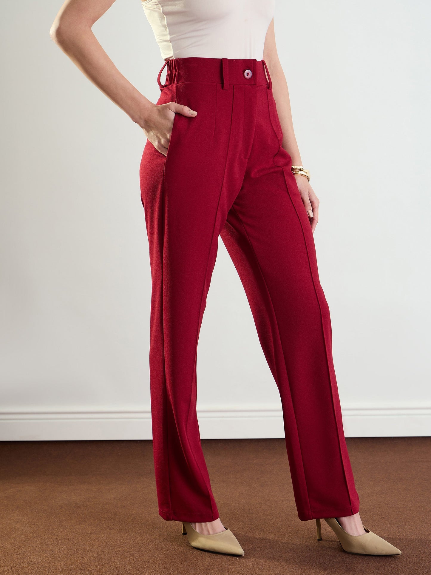 Women's Maroon Front Dart Straight Fit Pants