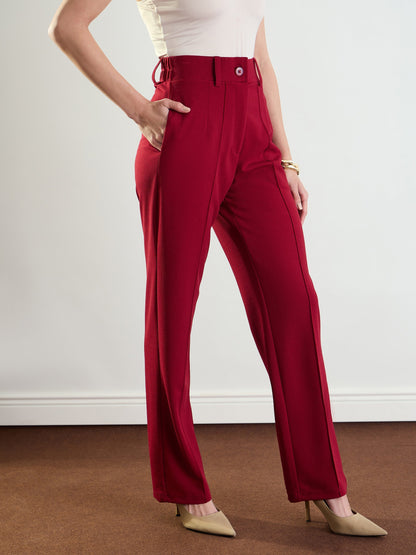 Women's Maroon Front Dart Straight Fit Pants