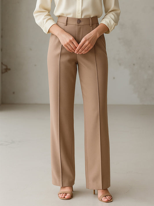 Women's Beige Front Darted Straight Fit Pants