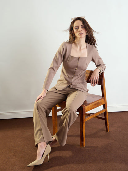 Women's Beige Front Darted Straight Fit Pants