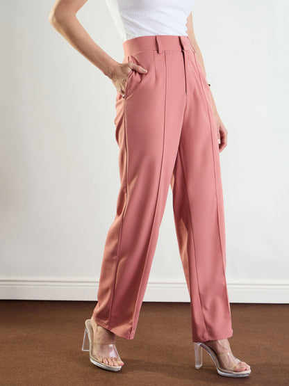 Women's Pink Front Darted Straight Fit Pants