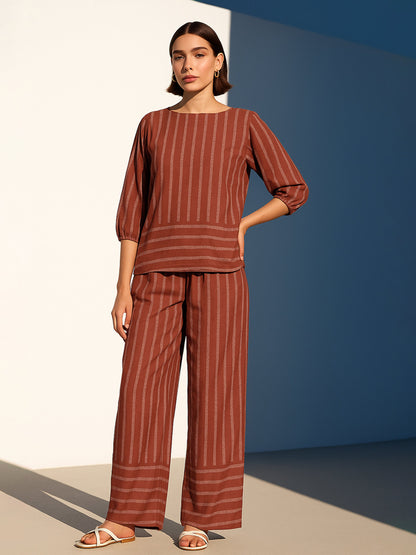 Women's Rust Stripes Print Top With Pants
