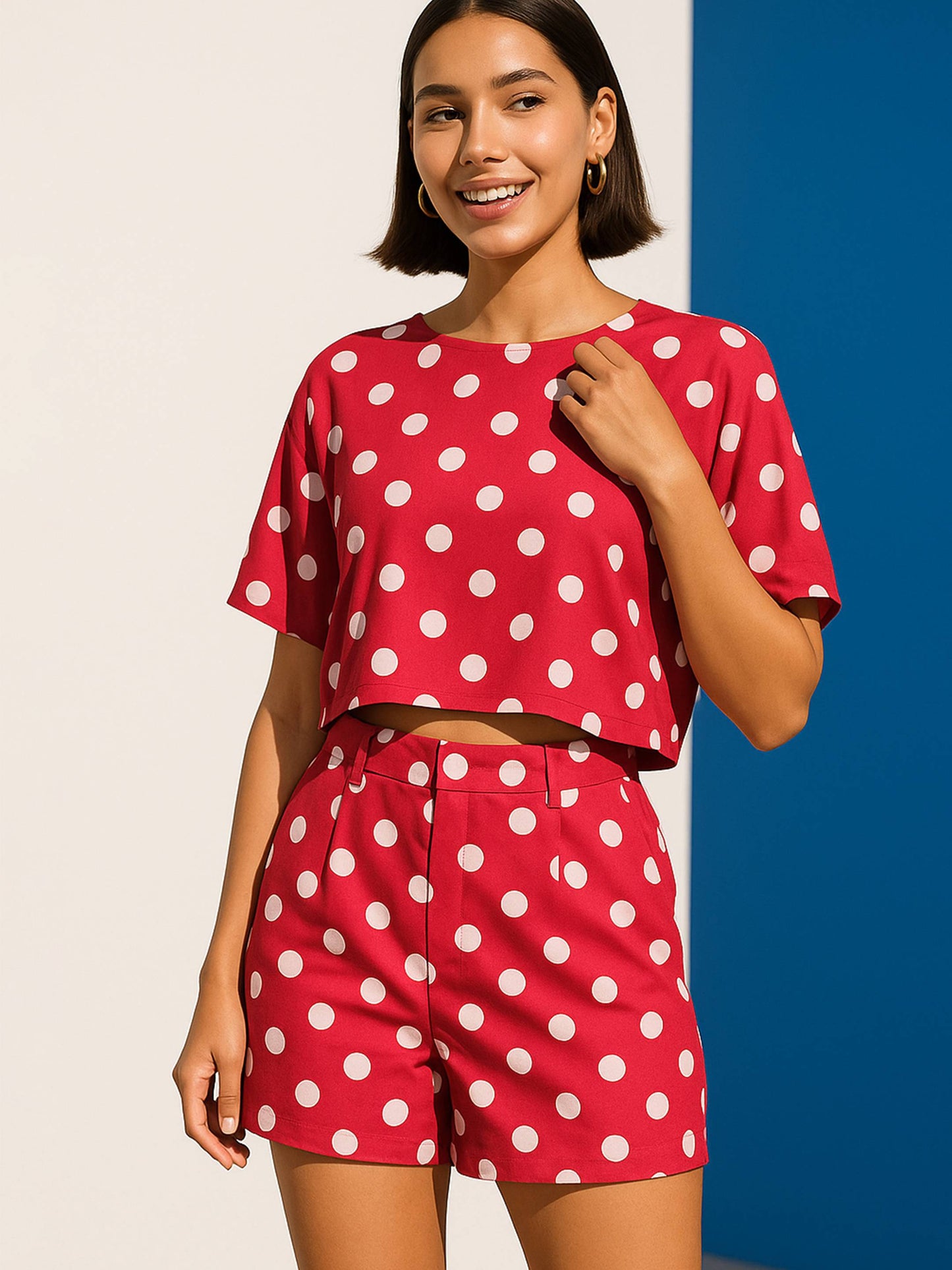 Women's Red Polka Dot Crop Top With Hem Fold Shorts
