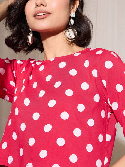 Women's Red Polka Dot Crop Top With Hem Fold Shorts