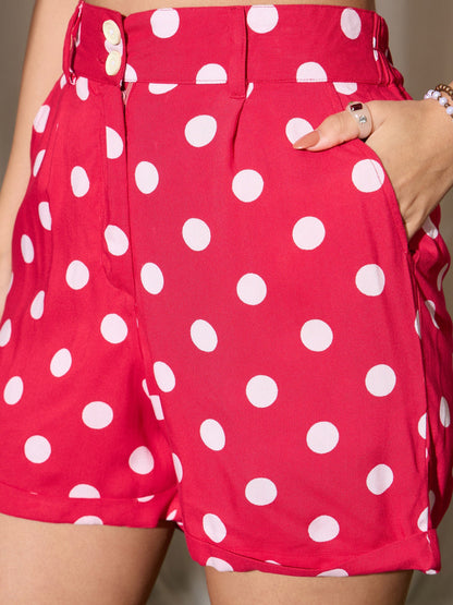 Women's Red Polka Dot Crop Top With Hem Fold Shorts