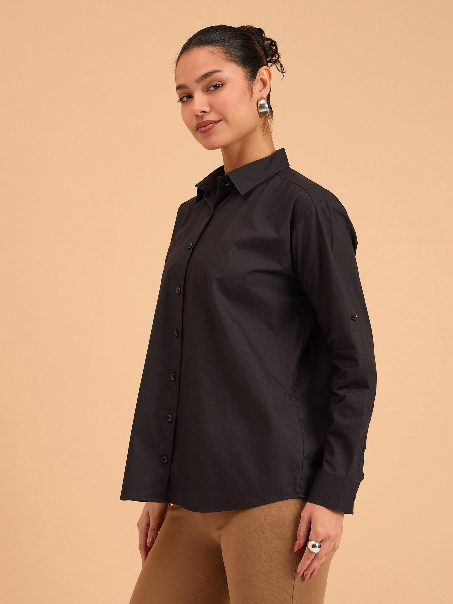 Women's Black Poplin Oversized Shirt