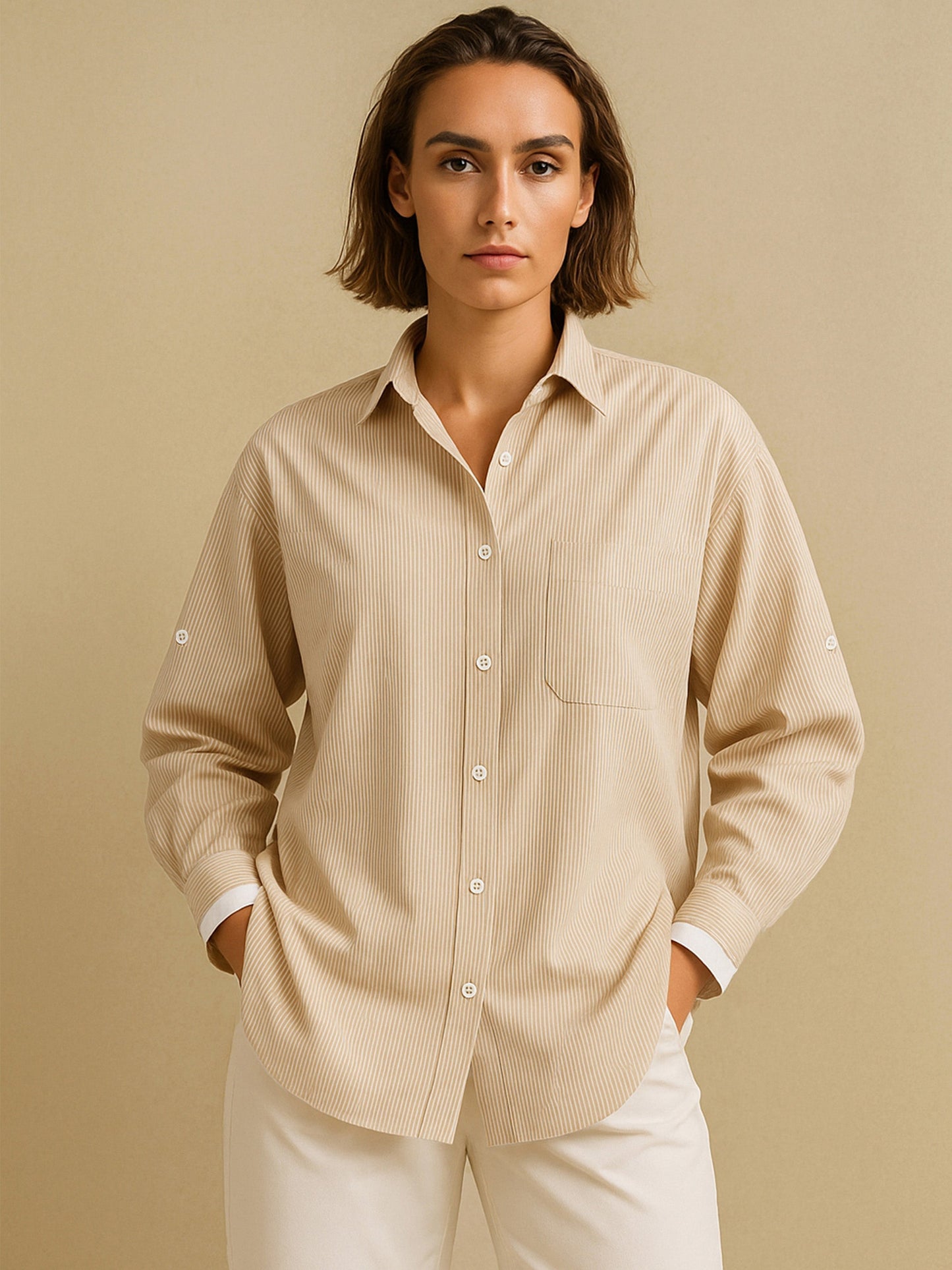 Women's Beige Striped Roll Up Sleeves Shirt