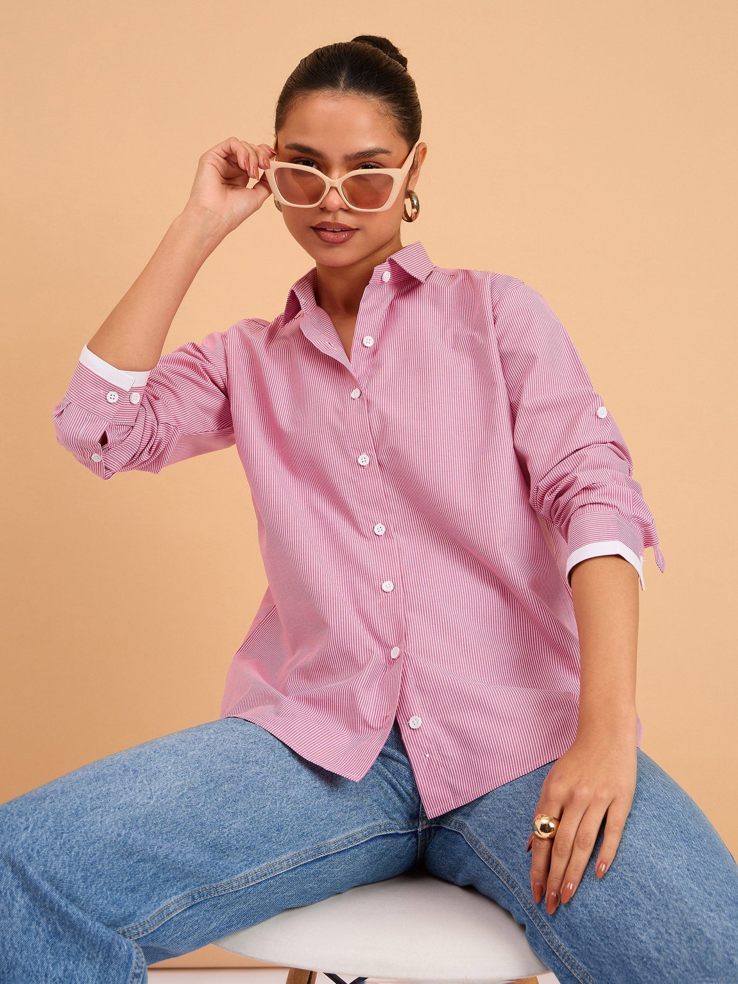 Women's Fuchsia Striped Roll Up Sleeves Shirt