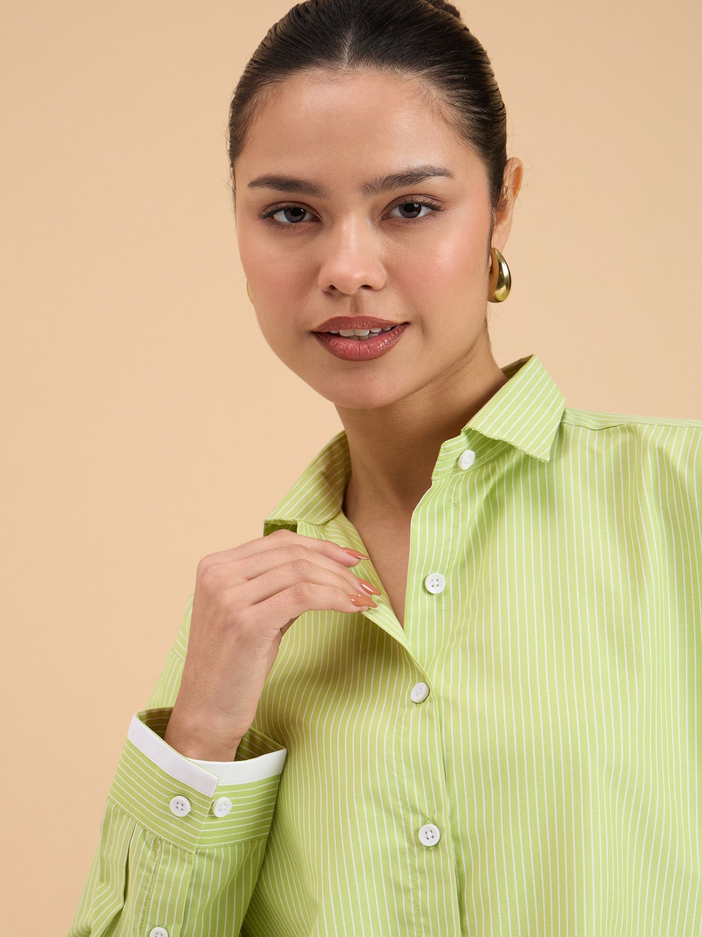 Women's Green Striped Roll Up Sleeves Shirt