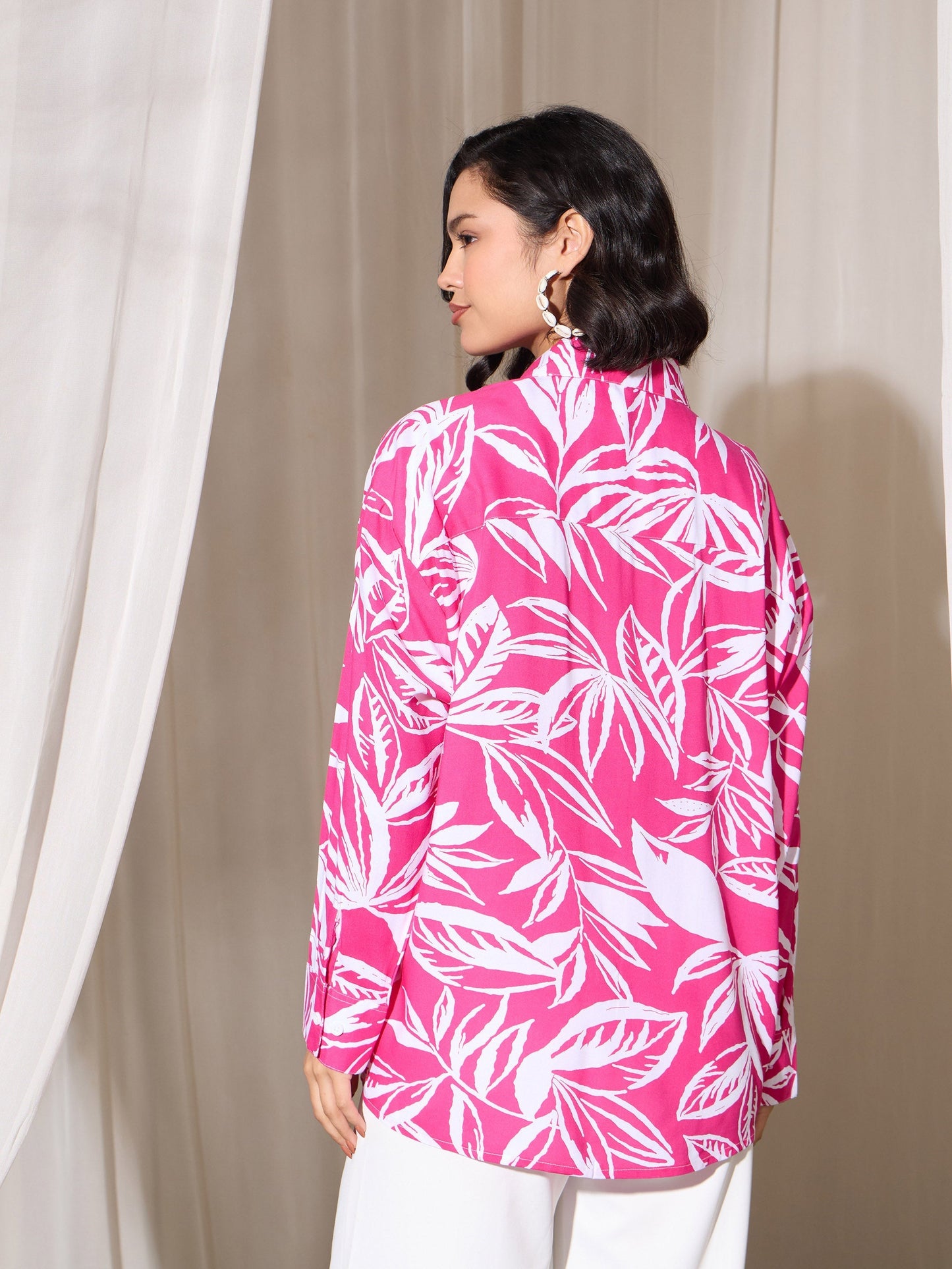 Women's Fuchsia Tropical Floral Oversized Shirt