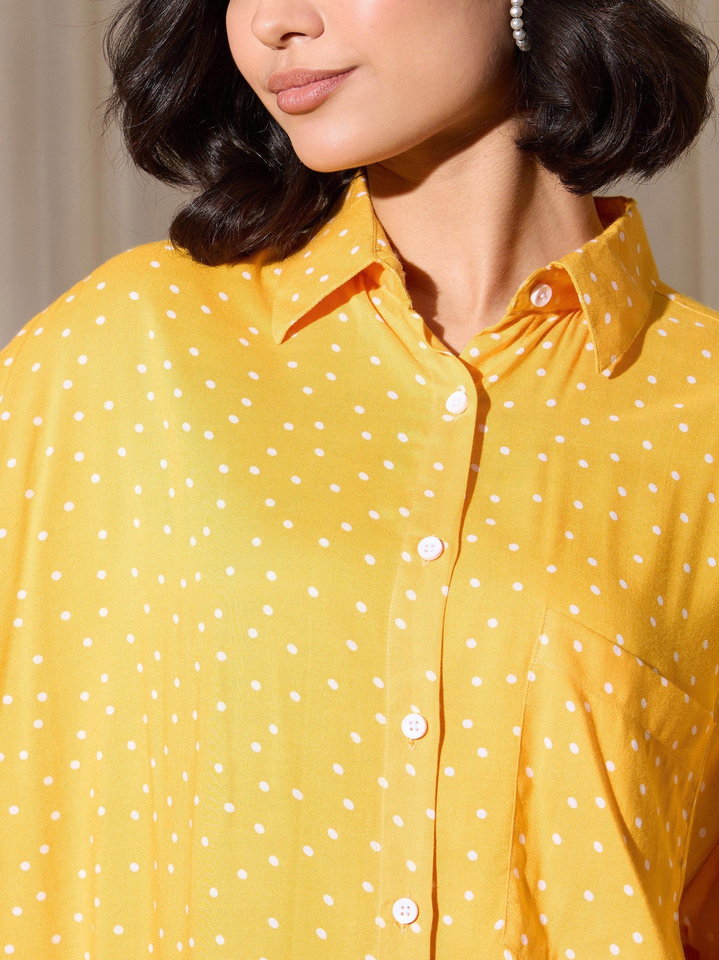 Women's Yellow Pin Polka Dot Oversized Shirt