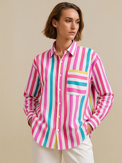 Women's Pink Multi Stripes Pocket Detail Oversized Shirt