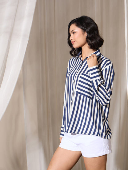 Women's Navy Stripes Pocket Detail Oversized Shirt