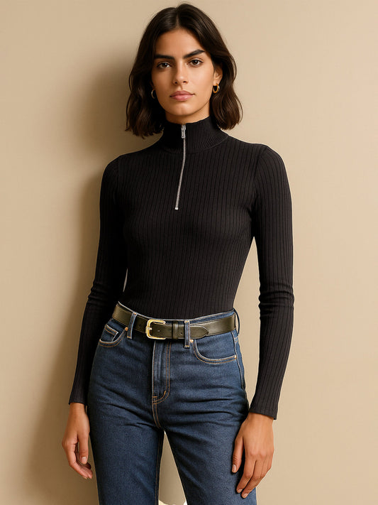 Women's Black Rib Half Zipper Full Sleeves Top