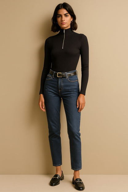 Women's Black Rib Half Zipper Full Sleeves Top