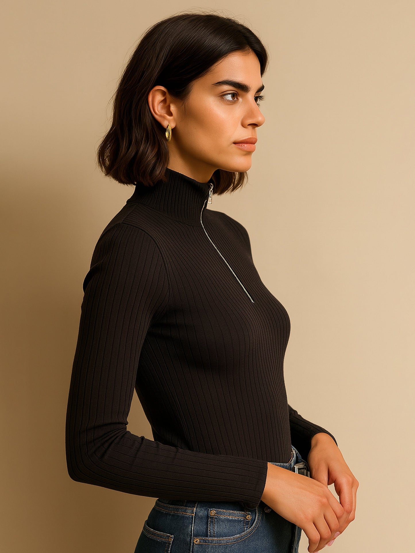 Women's Black Rib Half Zipper Full Sleeves Top