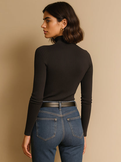 Women's Black Rib Half Zipper Full Sleeves Top