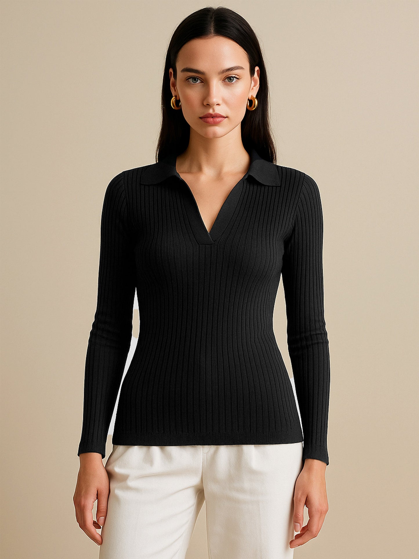 Women's Black Rib Polo Style V-Neck Neck Top