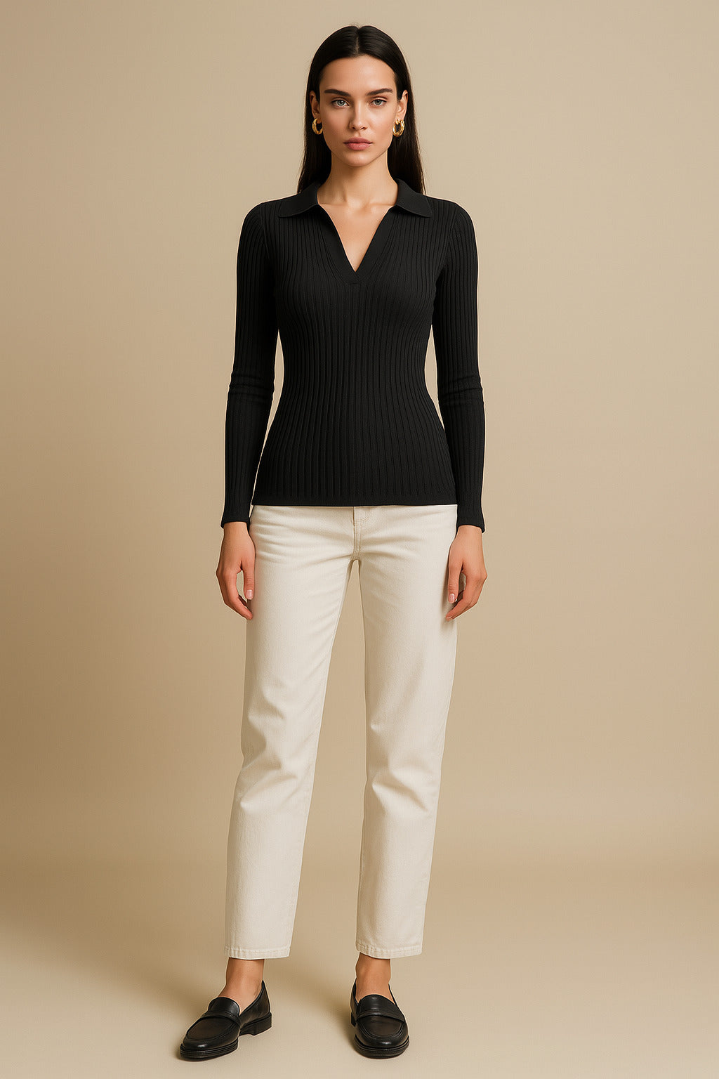 Women's Black Rib Polo Style V-Neck Neck Top