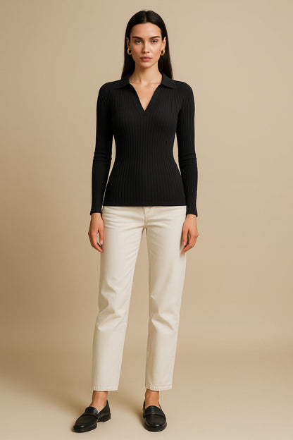 Women's Black Rib Polo Style V-Neck Neck Top