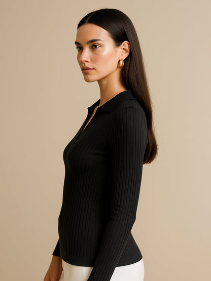 Women's Black Rib Polo Style V-Neck Neck Top