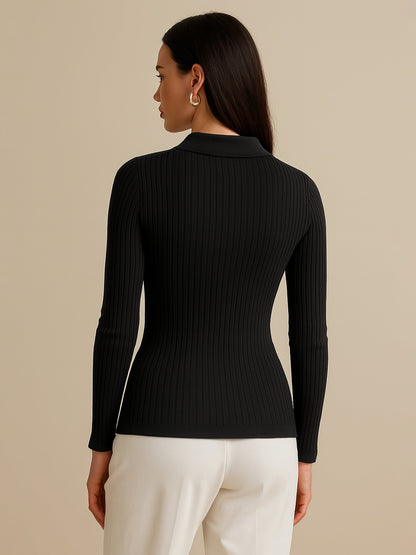 Women's Black Rib Polo Style V-Neck Neck Top