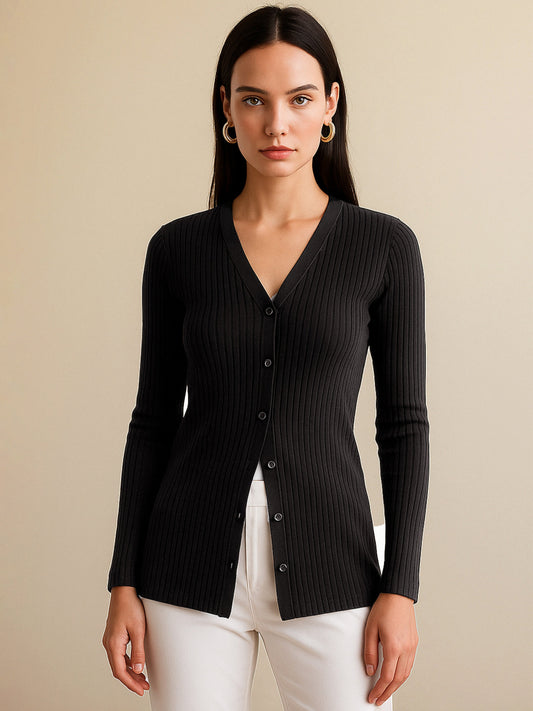 Women's Black Rib Front Button Top