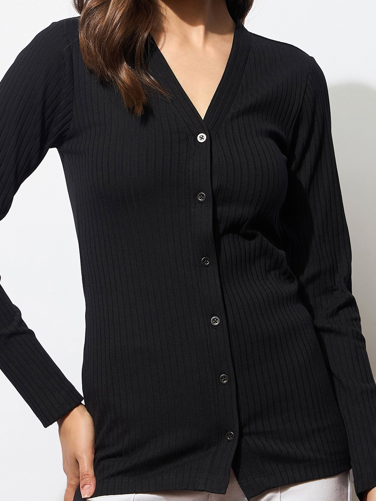 Women's Black Rib Front Button Top