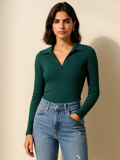 Women's Emerald Rib Polo Style V-Neck Neck Top