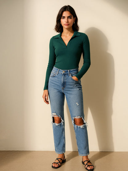 Women's Emerald Rib Polo Style V-Neck Neck Top