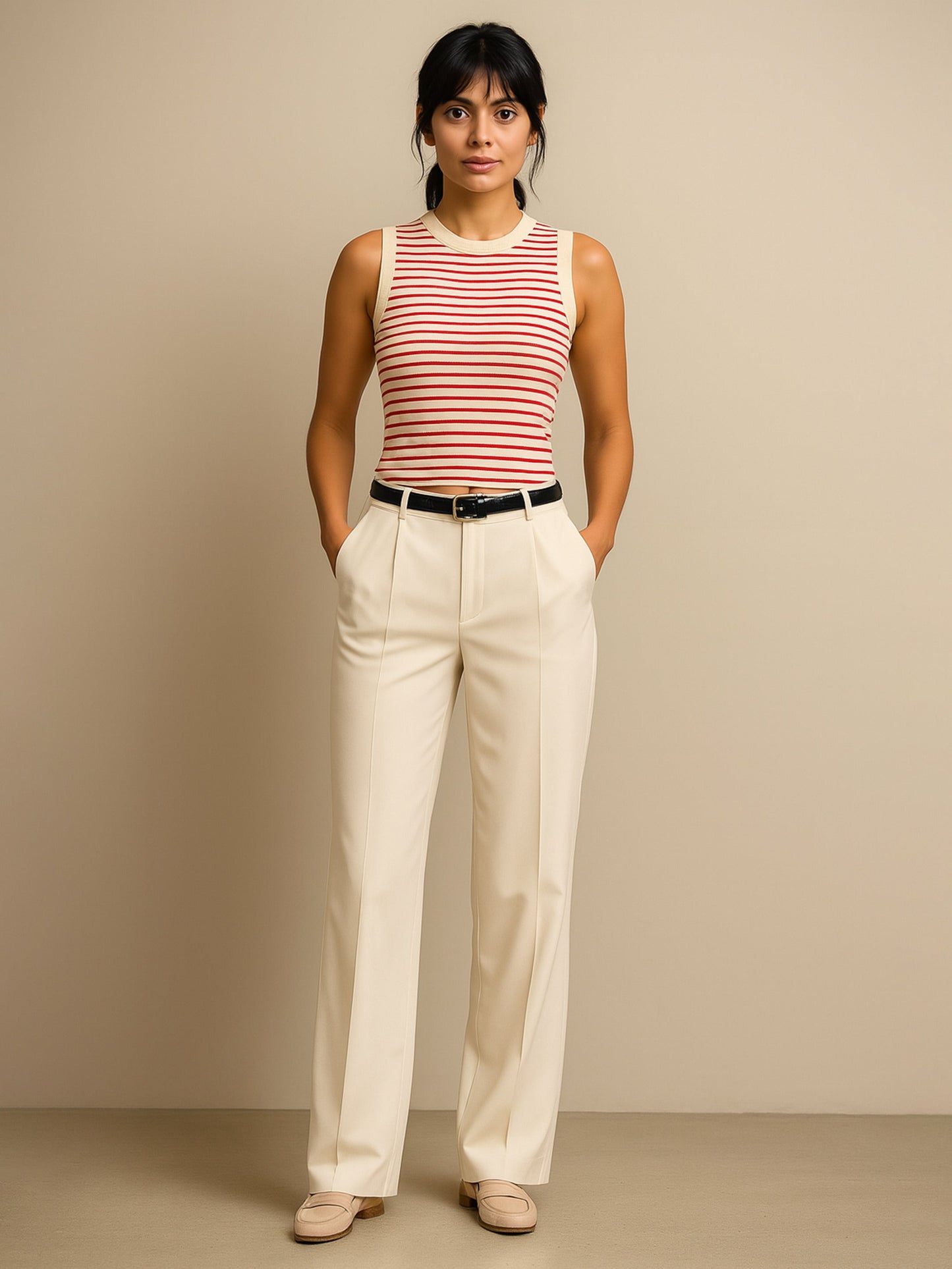 Women's Red & Beige Stripes Sleeveless Crop Baby Tee