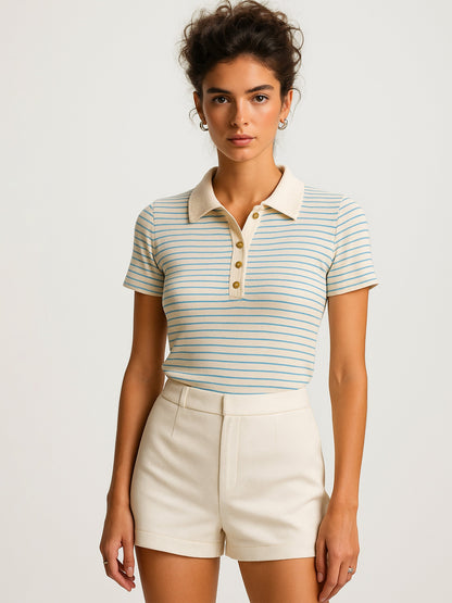 Women's Blue & Beige Rib Stripes Polo T-Shirt