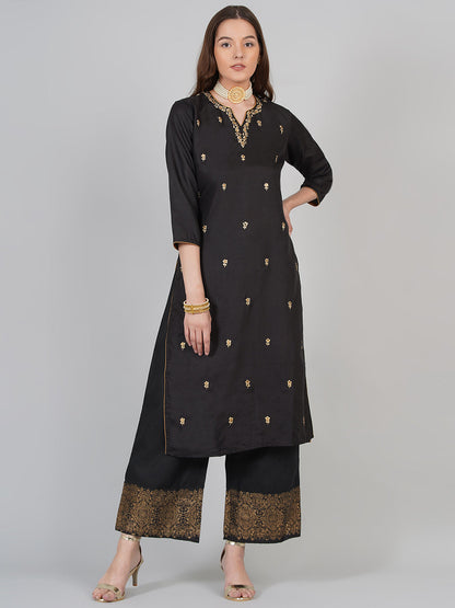 Women's Black And Beige Printed Kurta With Palazzos