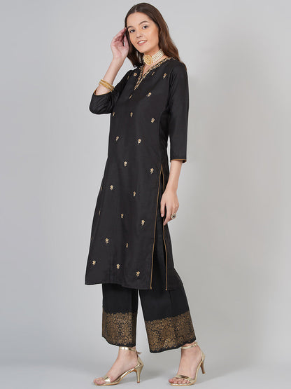 Women's Black And Beige Printed Kurta With Palazzos