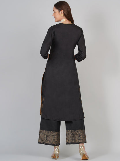 Women's Black And Beige Printed Kurta With Palazzos