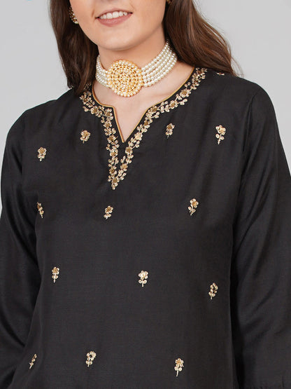 Women's Black And Beige Printed Kurta With Palazzos