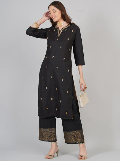 Women's Black And Beige Printed Kurta With Palazzos