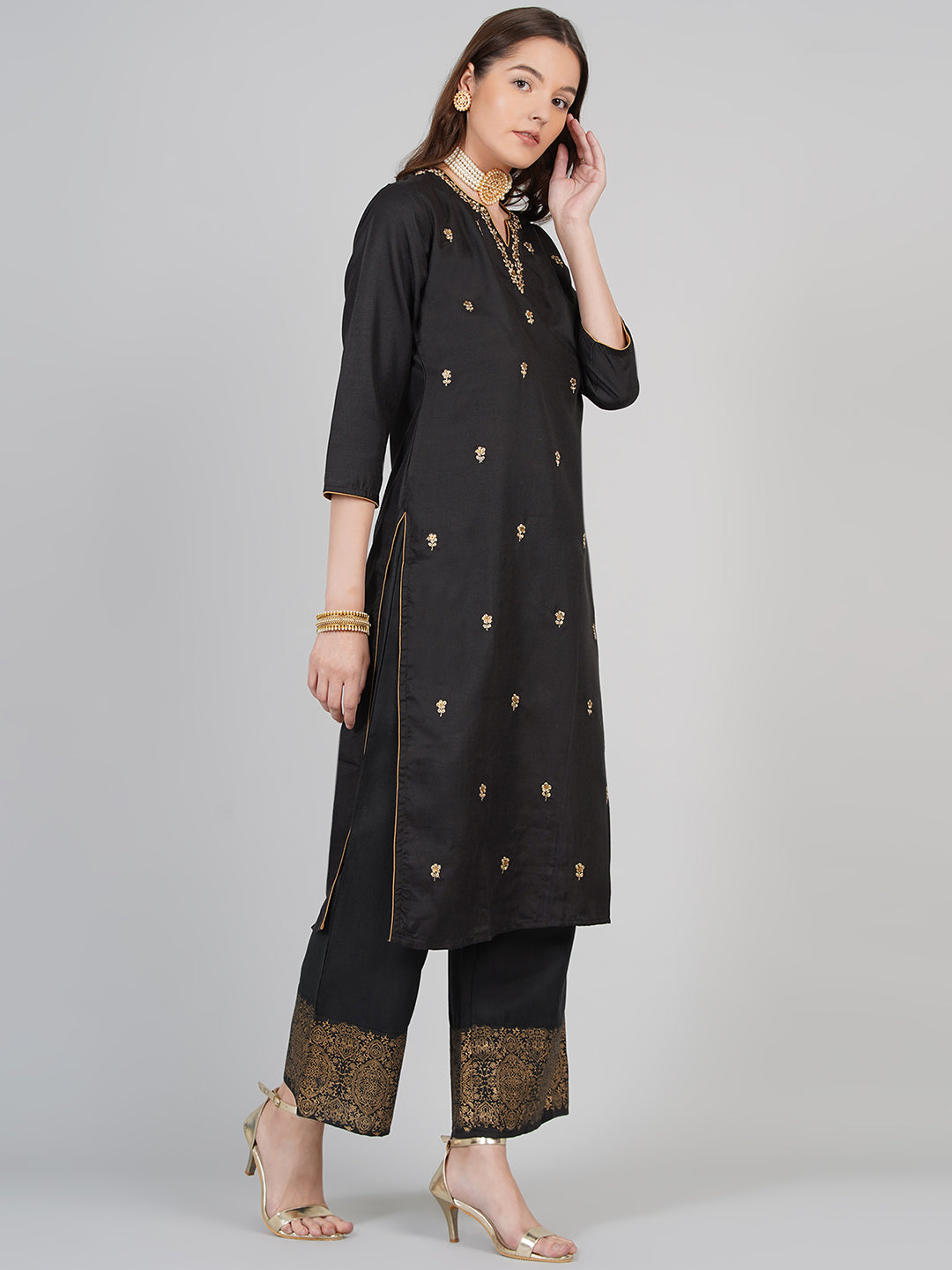 Women's Black And Beige Printed Kurta With Palazzos